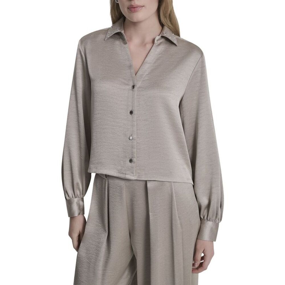 Dkny Womens Stud Collar Y-Neck Shirt, Purple